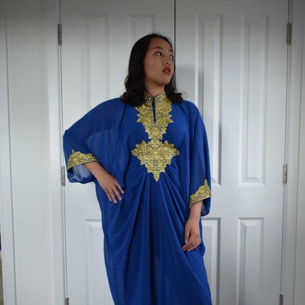 Moroccan Dubai abaya royal blue gold lace embroidery Kaftan maxi dress wedding baby shower cover up bridesmaid UK 10 12 14 16 18 20 22