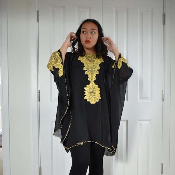 Kimono Batwing lagen look bohemian gold lace embroidered tun    dress M to XXXL