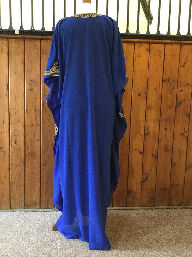 Moroccan Dubai abaya kaftan Royal blue gold lace embroidery maxi dress cover up caftan US S to XXXL UK 10 12 14 16 18 20 24