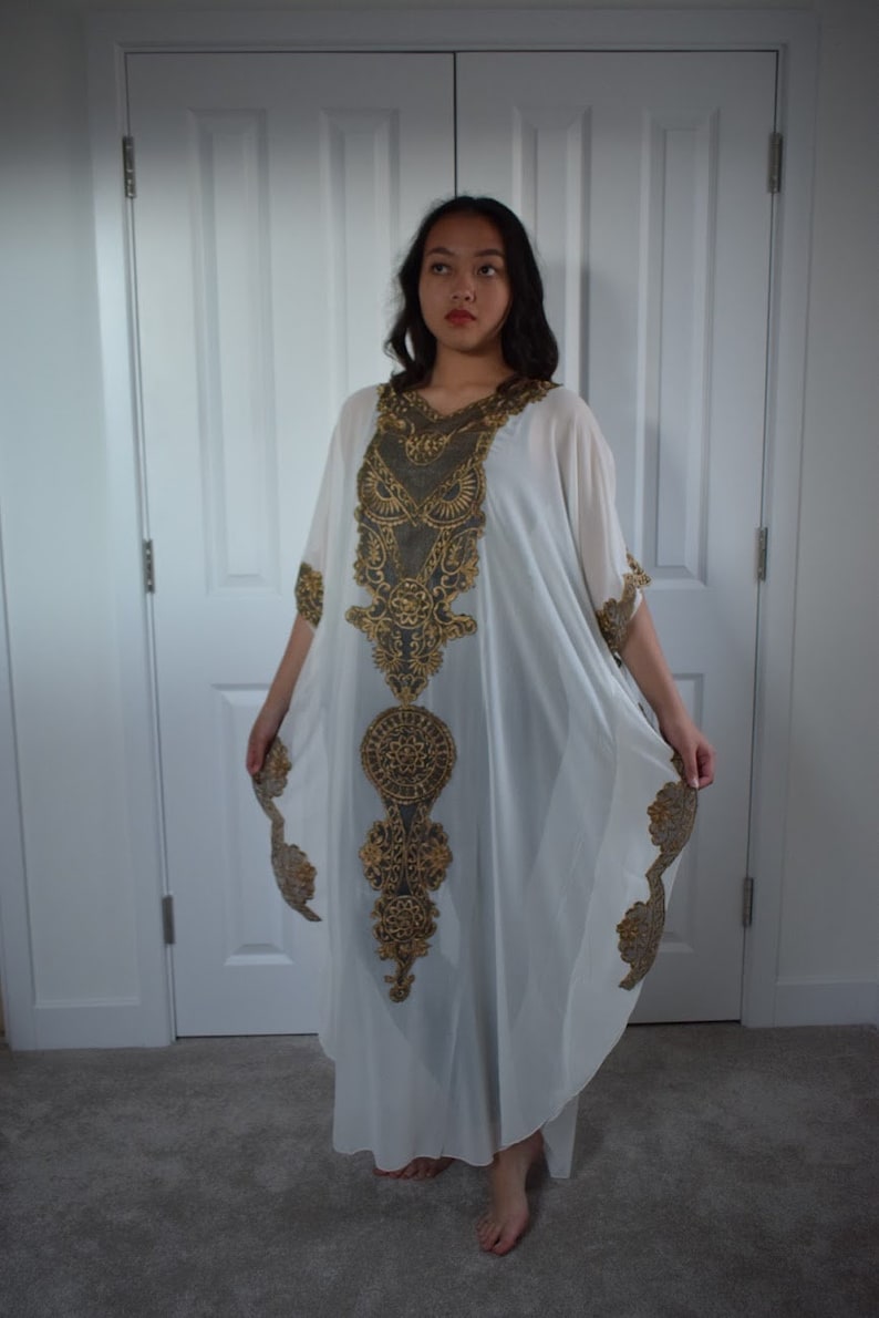 Arabian Abaya Kaftan Lace Embroidery White Gold Boho Maxi - Etsy UK