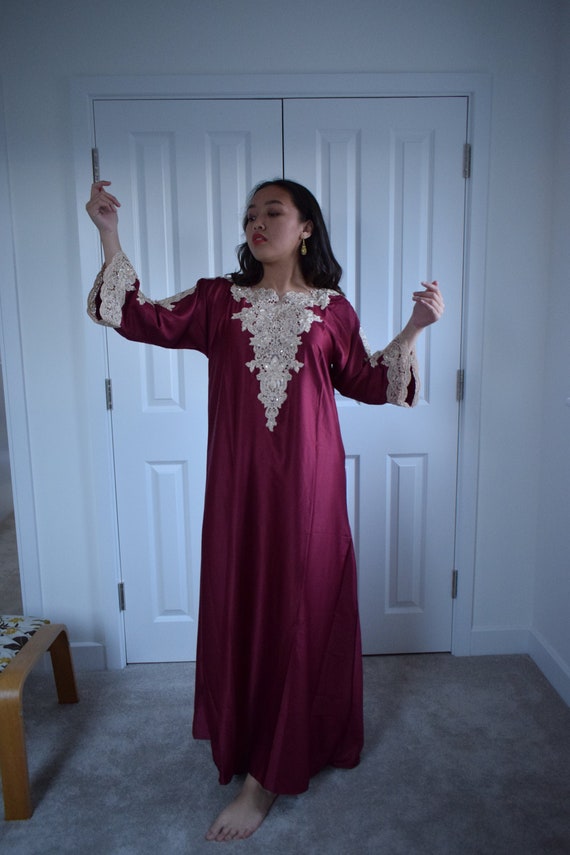 Burgundy Lace Sequins Applique Kaftan Dress Maxi Dress Abaya Farasha UK 10 12 14 16 18 20 S to XXL Etsy