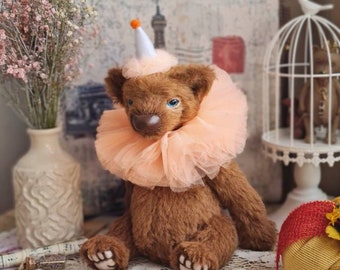 Handmade artist teddy bear in brown with removable collar and hat.