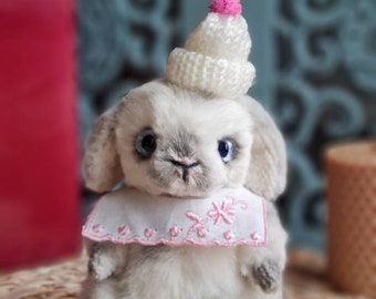 Handmade artist teddy bunny with detachable cute hat, perfect for teddy bear collectors and artist bear collectors.