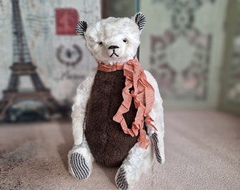 Unique handmade alpaca viscose teddy bear in brown and white unique collector's item