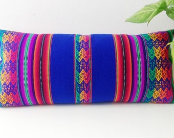 Blue Peruvian Wool Lumbar Pillow Cover: Fringe Throw Pillow 12x24