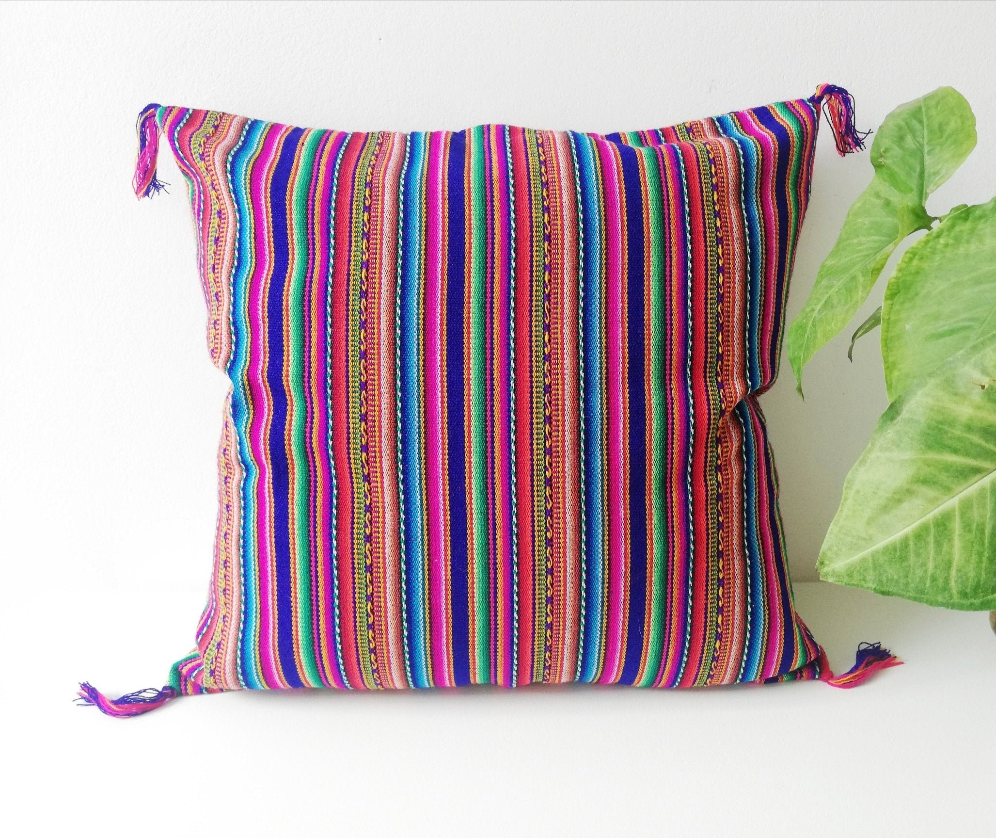 Peruvian Pillow Cover: Colorful Inca Textile, Handmade Cotton Wool Cushion (16x16")