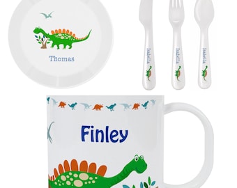 Personalised Kids Dinosaur 5PC Dinner Breakfast Set - Any Name - 1st Birthday Gift Girl Boy Nursery,  First Christmas Gift-  BPA Free