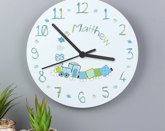 Personalise Nursery Wooden Clock Blue Train Design