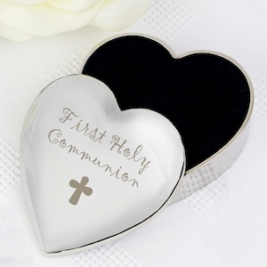 Portagioie a forma di cuore in argento per la Prima Comunione dei bambini con motivo a croce - Regalo per la Prima Comunione di maschietti e femminucce - Opzione biglietto di auguri per la Comunione