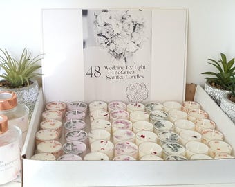 Pack of 24 Scented Tea Lights Candles, Botanical  Fresh Petals, Long Burning Wedding Candles, Table Centrepiece Decoration - Assorted Scents