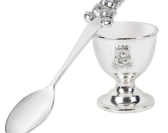 Personalise Silver Spoon Matching Egg Cup - Engraved Cutlery Baby Gift - Christening Confirmation New Birth Gift - Gift Box