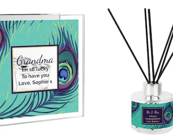 Personalised Matching Reed Diffuser and Mirrored Glass Tea Light Candle Holder Fragrant Reed Diffuser Gift Set, Any Message Name - Options