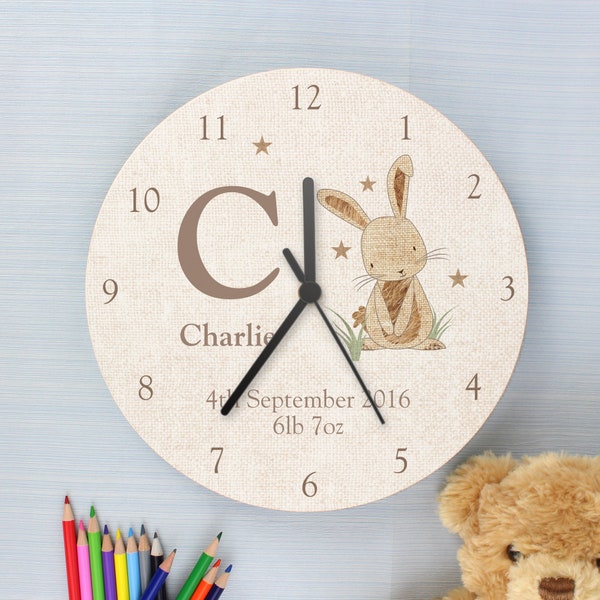 Personalised Wooden Clock Bunny Design Clock - Nursery Birthday Gift