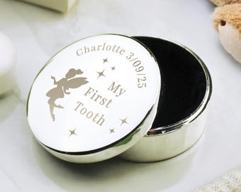 Caja de plata personalizada para el primer diente de hada: regalo para bebé niña, hada de los dientes, bautizo, día del nombre