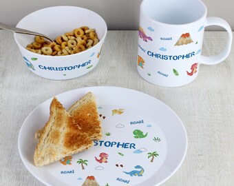 Personnaliser Dinosaur 3PC Breakfast Set, Bol de céréales pour enfants, Tasse et assiette de dinosaures pour enfants, Ensemble de dîner de petit-déjeuner pour enfants sans BPA, Cadeau d’anniversaire