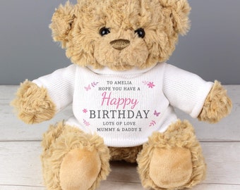 Personalised Teddy Pink Grey Text Any Name Message - Daughter Girl's Birthday - Flower Girl Gift ideas