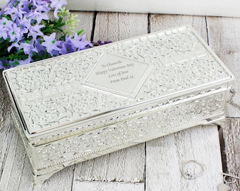 Personalise Antique Silver Jewellery Box  - Any Message - Jewelry Storage Box - Jewellery Organiser Box - Gift for Her Birthday Graduation