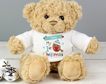My First Christmas Personalised Teddy,  Christmas Robin,  Message Name Boy Girl Christmas Gift, Personalised Teddy, Keepsake for Boys & Girl