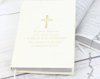 Crema de cuero sintético personalizada King James Companion Bible - Confirmación Bautismo Sagrada Comunión Regalo - Acabado Oro o Plata