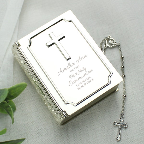 Personalise Trinket Box with Rosary beads,  Silver Rosary Necklace with Cross,  Bible Shaped Trinket Box,  First Communion Gift