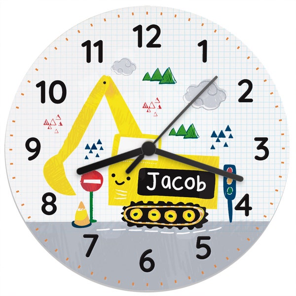 Kids Personalised Wooden Digger Yellow Tractor Wall Clock,  Boys Tabletop Bedroom Clock Home  Decor, Christmas for Boys, Birthday Gift