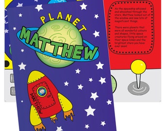 May include: A blue and purple space-themed birthday card with a rocket ship and a planet with the name "Planet Matthew" on it. The card has a white border and stars.