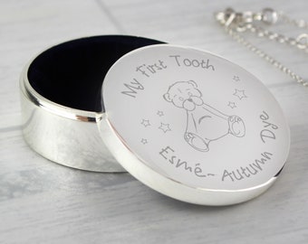 Personalised 1st Tooth Silver Trinket Box Gift for Baby Boy Girl Gift - Teddy Bear Design - Christening Baptism Newborn Gift