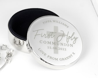 Personalise First Holy Communion Gift - Circle Round Silver Trinket Box Cross Design   - Boys Girls 1st Holy Communion Gift