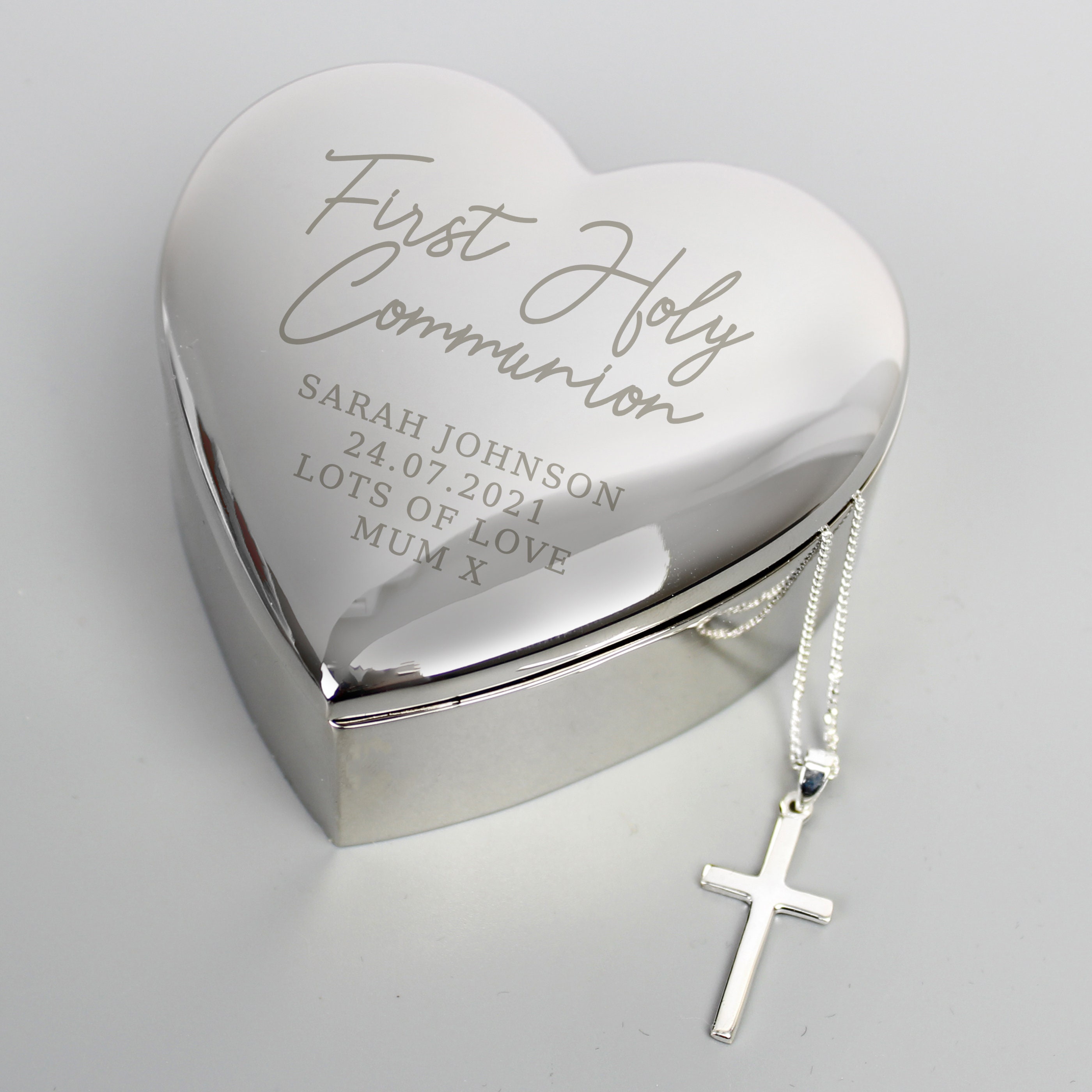 Personalised First Holy Communion Gift Silver Heart Trink Box With Necklace Any Name Message Boy