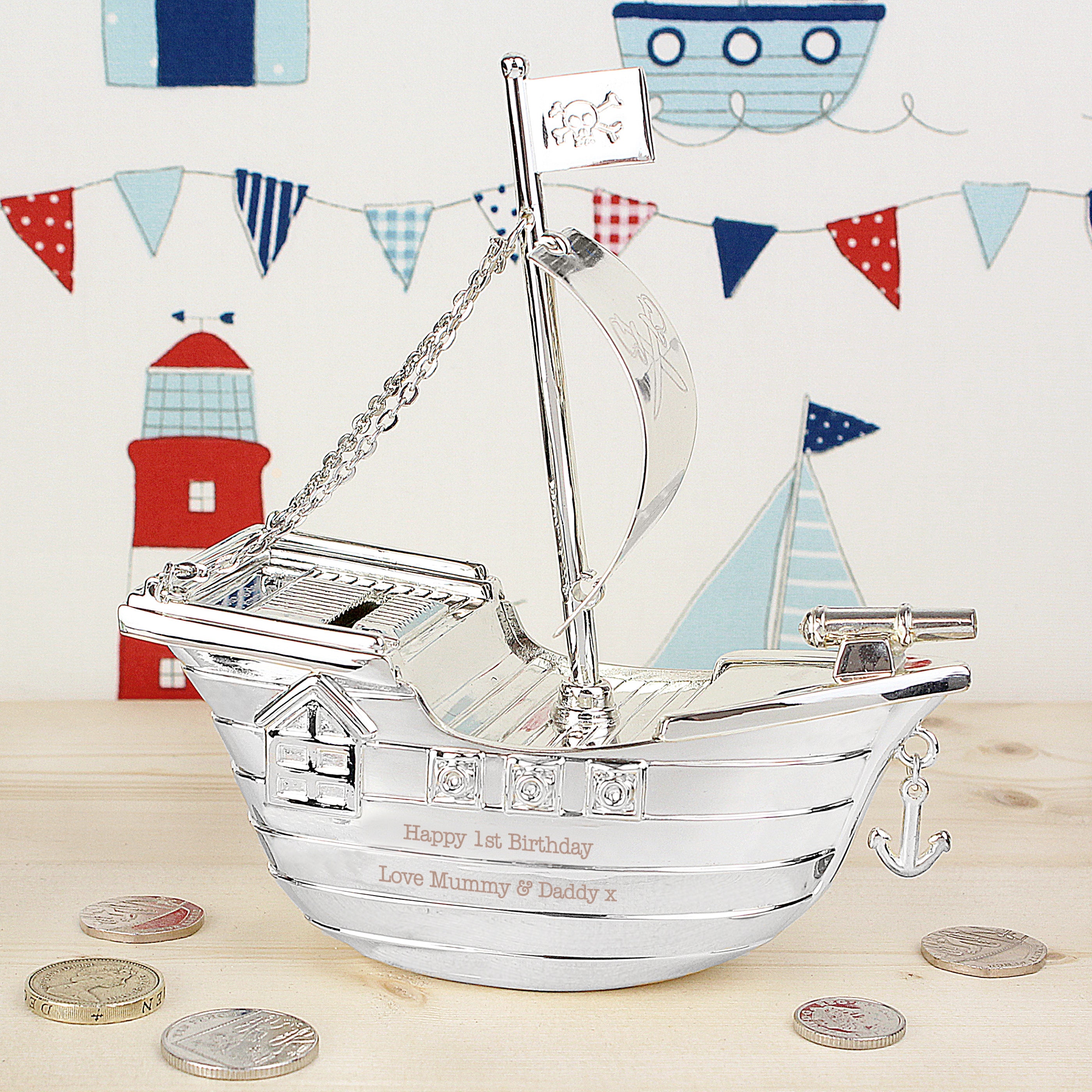 Personalised Silver Pirate Ship Moneybox Christening Gift Free Engraving 