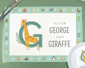 Personalise Kids Alphabet Placemat - Zoo Animals Design - Any Name  - Toddler Girls Boys Learn the Alphabet Dinner Table Mat - Children's