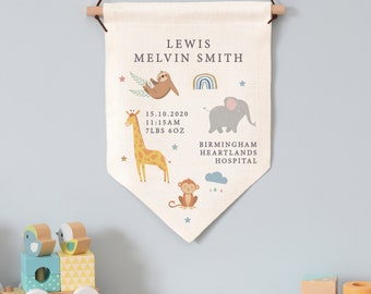 Personalise Zoo Animals Hanging Nursery Bedroom Decor, Any Name Message, Christening Gift for Boys Girls, Newborn Gift