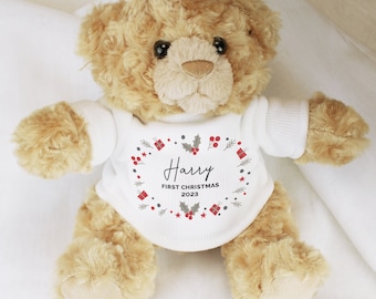 Personalised Children's Christmas Teddy Bear for Children, Any Name Message, 1st Christmas for Boys Girls, Teddy Keepsake, Gift for Children