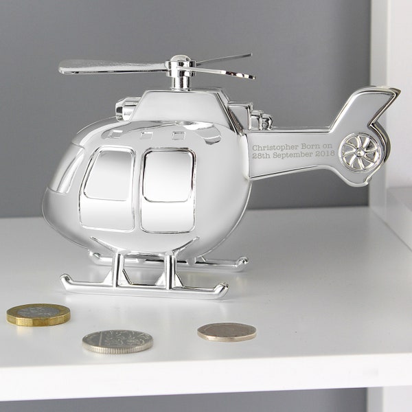 Personalise Engraved Silver Helicopter MoneyBox  Kids Money Box - Boys Piggybank Savings - First 1st Birthday Christening Newborn Gift