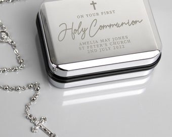 Personalise Holy Communion Trinket Box Rosemary Beads Necklace - First Communion for Boys Girls - 1st Communion Gift - Greeting Card Option