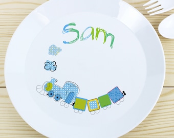 Personalise Kids Plate- Train Design -  Boys Christening Easter Birthday Gift - BPA Free