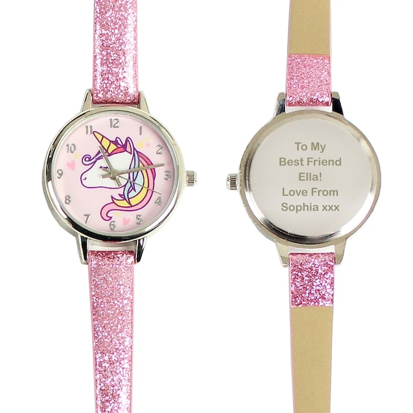 Personalised Girls Pink Unicorn Watch with Pink Glitter Strap,  Girl's Pink Wrist Watch with Gift Box, Birthday Christmas Gift for Girls