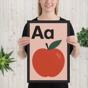 Impresión con la letra A de manzana: arte mural con frutas, decoración moderna para guardería, póster educativo de la A a la Z, impresión de aprendizaje para habitación infantil.