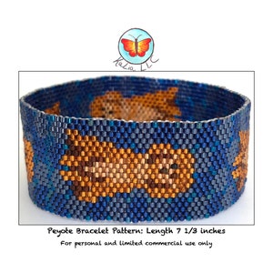 May include: A beaded peyote bracelet pattern in shades of blue and copper, featuring a geometric design. The bracelet is approximately 7 1/3 inches in length. The image includes the text "Kalia LLC" and "Peyote Bracelet Pattern".