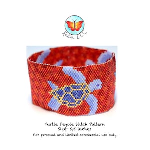 May include: A beaded cuff bracelet with a turtle design. The bracelet is primarily red with blue and gold accents. The text "Turtle Peyote Stitch Pattern" and "Size: 5.5 inches" is visible.