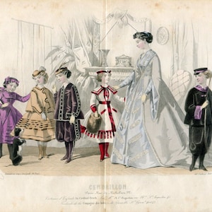 Original Antique Hand Colored French Fashion Print circa 1800 s Children Costume