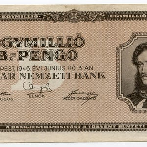 Ungheria 1946 1 milione di B Pengo Valuta Nota Inflazione = 1 Quintilione Pengo UNC Carta Moneta