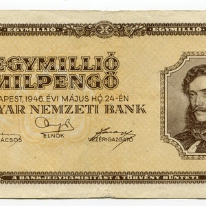 Hungary 1946 1 Million Milpengo Currency Inflation Note = 1 Trillion Pengo VF Paper Money