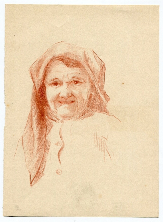 Original Art Deco Pencil Sketch of an Old Woman Circa 1930 Etsy