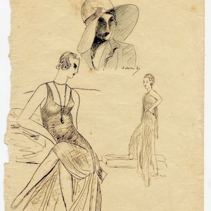 Oryginalny szkic tuszem w stylu Art Deco przedstawiający 3 kobiety z około 1930 r.
