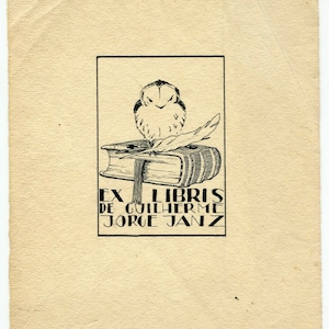 Desenho de tinta Art Déco original Ex Libris Bookplate Coruja por volta de 1930