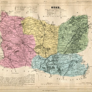 Echte Original Antike 1877 Frankreich Hand Colorierte Karte OISE Französisch Europa