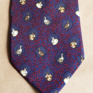 Rabbit necktie silk mans gift Navy necktie with goose Animal tie for farm wedding