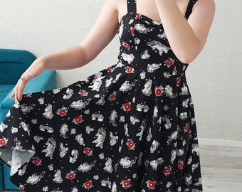 50s style black fit flare dress unicorn patterned Rockabilly dresses for women for party Retro sleeveless dress with pockets Size XS