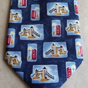 Mens neck tie with Tower Bridge London Vintage neck tie with English Telephone Booth Language teacher tie Navy tie for english wedding